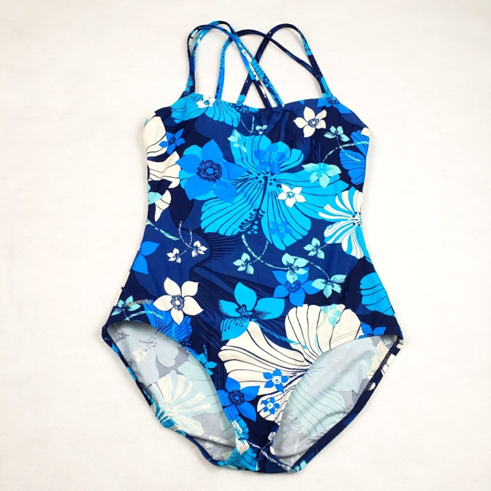 Speedo Criss Cross Racerback One Piece Floral Print Swimsuit Size 12